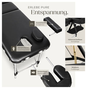 3 Zonen Massageliege mit 5cm Polsterung und Aluminiumgestell schwarz