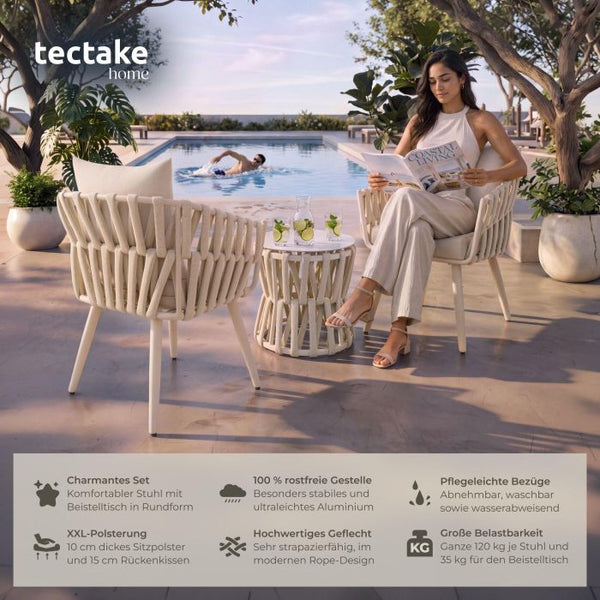Gartenlounge-Set Lugano Rope-Design Aluminium beige, 2er Set Stühle mit Tisch