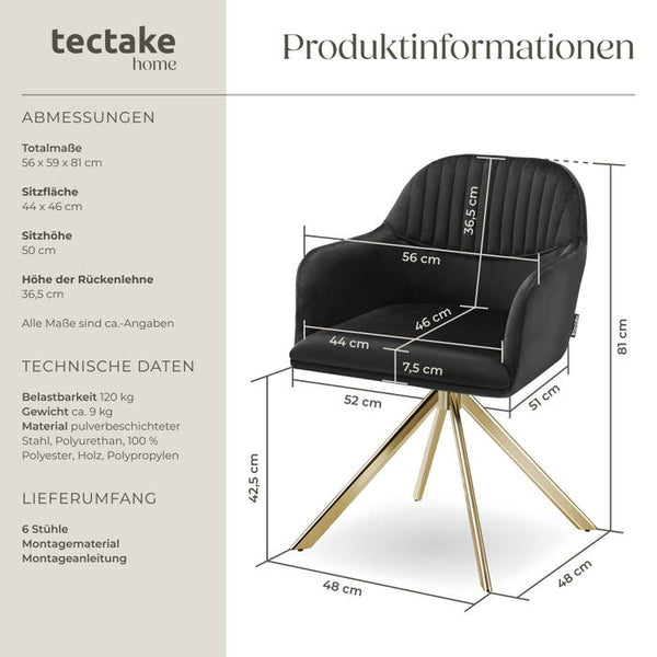 Samt-Drehstuhl Lona schwarz/gold 6er Set