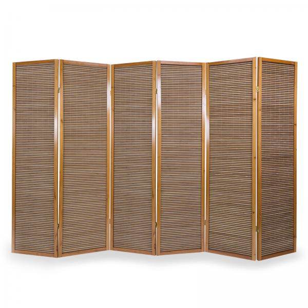 6fach Holz Paravent Raumteiler Bambus braun