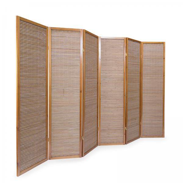 6fach Holz Paravent Raumteiler Bambus braun