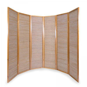 6fach Holz Paravent Raumteiler Bambus braun