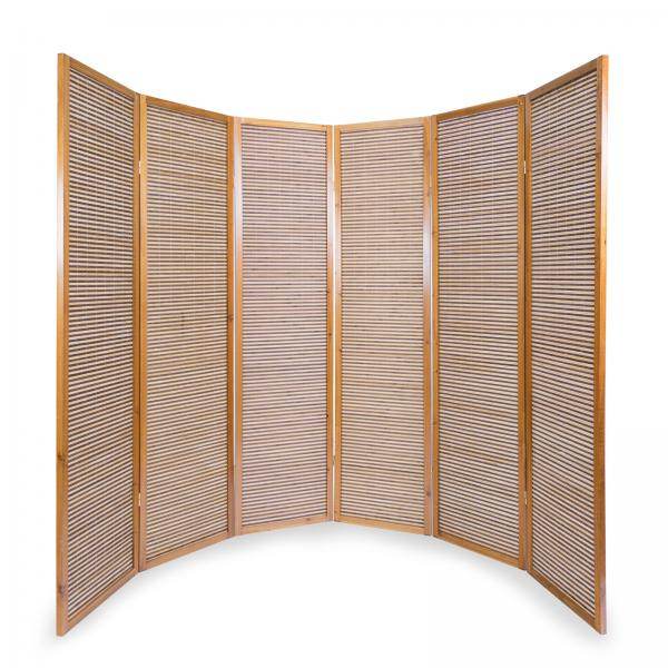 6fach Holz Paravent Raumteiler Bambus braun