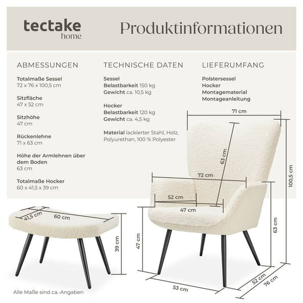 Sessel Hygge gepolstert, ergonomisch, Belastbarkeit 150 kg Bouclé creme/schwarz mit Hocker