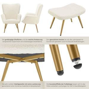 Sessel Hygge gepolstert, ergonomisch, Belastbarkeit 150 kg Bouclé creme/gold mit Hocker