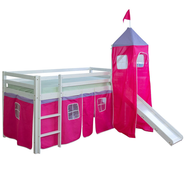 Hochbett Kinder 90x200 cm Weiss mit Vorhang in Pink | Turm | Rutsche | ohne Lattenrost