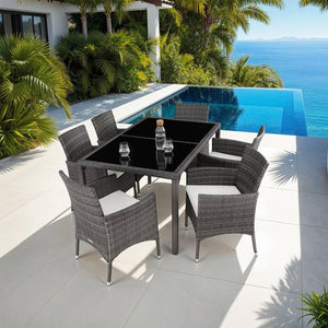 Rattan Sitzgruppe 6+1 mit Schutzhülle grau/weiss