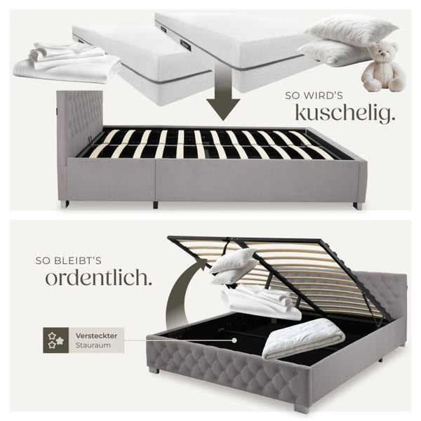 Bettset Polsterbett mit LED und Matratze Samtoptik dunkelgrau 180 x 200 cm