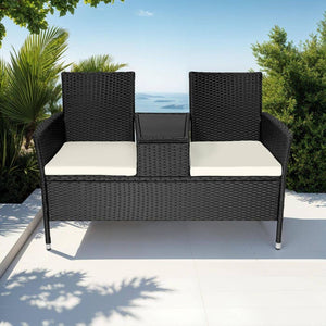 Rattan Gartensitzbank mit Tisch schwarz/beige
