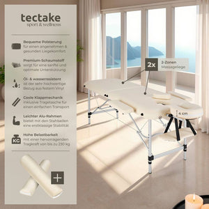 Lettino da massaggio a 2 zone con imbottitura, rulli massaggianti e struttura in alluminio - beige