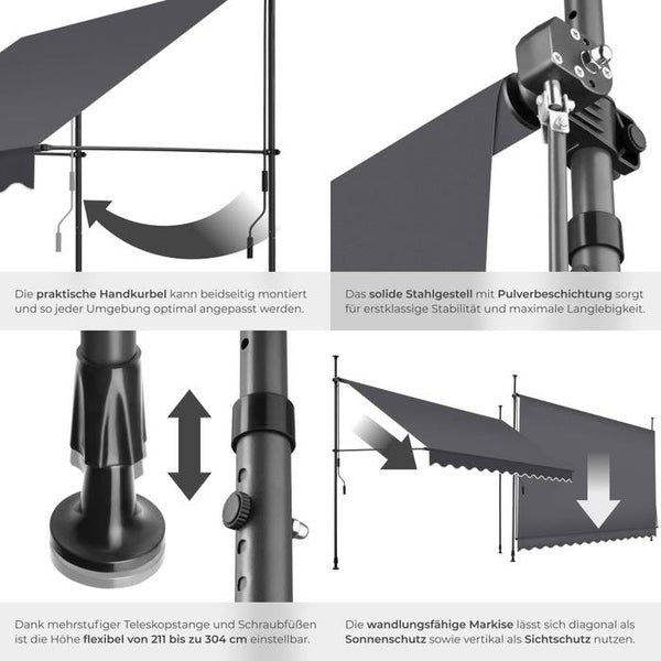 Klemmmarkise schwarz/grau 350 x 180 cm