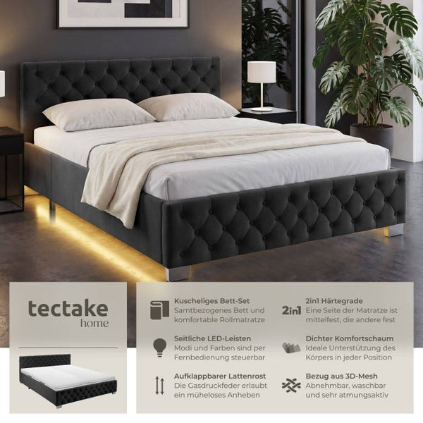 Bettset Polsterbett mit LED und Matratze Samtoptik schwarz 180 x 200 cm