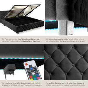Bettset Polsterbett mit LED und Matratze Samtoptik schwarz 180 x 200 cm