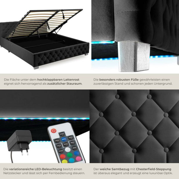 Bettset Polsterbett mit LED und Matratze Samtoptik schwarz 180 x 200 cm