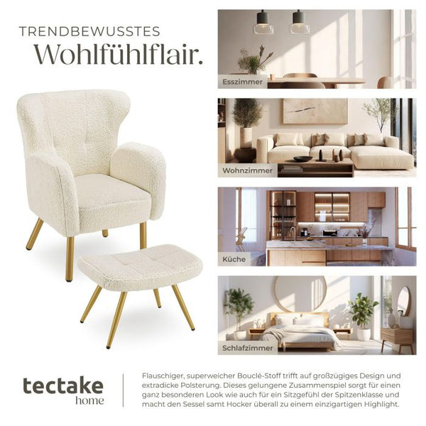 Sessel mit Hocker Vänersborg Bouclé creme/gold