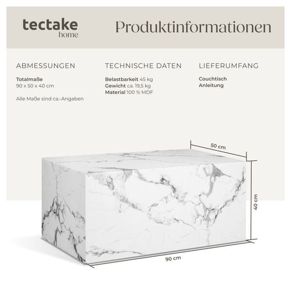Couchtisch Lasley Marmor Optik weiß 90 x 50 x 40 cm