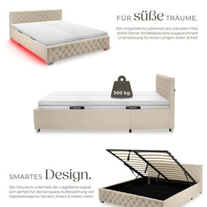 Bettset Polsterbett mit LED und Matratze Samtoptik sand 180 x 200 cm