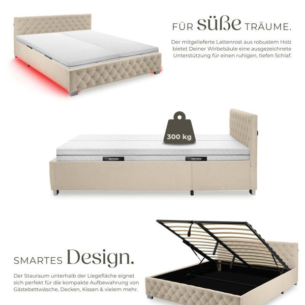 Bettset Polsterbett mit LED und Matratze Samtoptik sand 180 x 200 cm