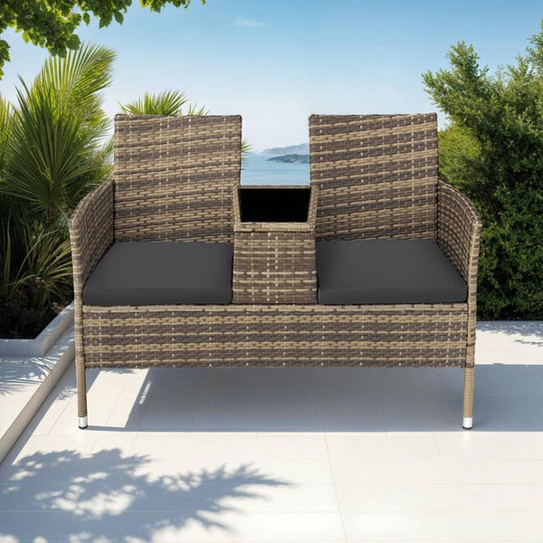Rattan Gartensitzbank mit Tisch natur/dunkelgrau