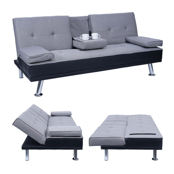 3er Schlafsofa Gästebett Kunstleder/Textil schwarz hellgrau