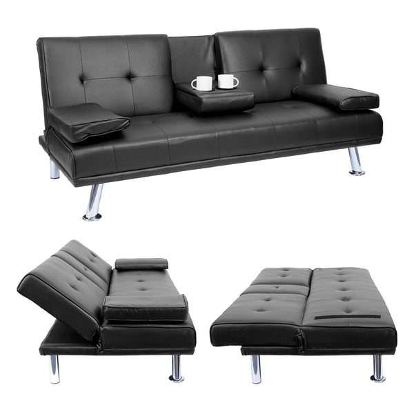 3er-Sofa Schlafsofa Gästebett Kunstleder mit Tassenhalter schwarz