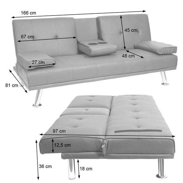 3er-Sofa Schlafsofa Gästebett Kunstleder mit Tassenhalter schwarz