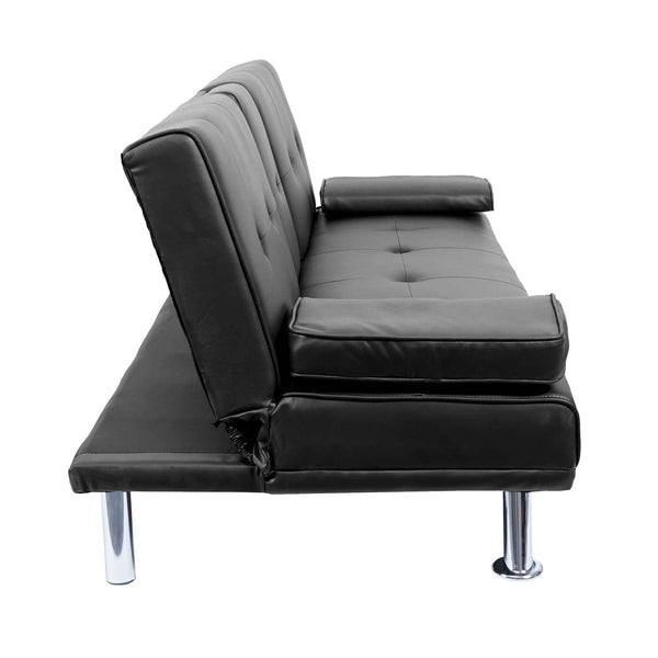 3er-Sofa Schlafsofa Gästebett Kunstleder mit Tassenhalter schwarz