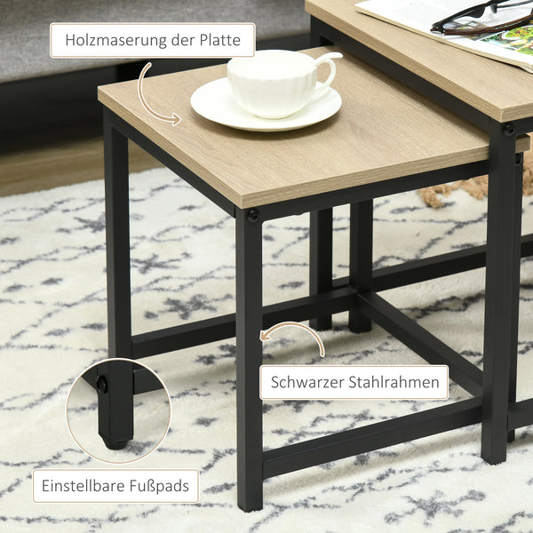 3er-Set Couchtisch Beistelltisch mit Stahlrahmen Schwarz-Natur