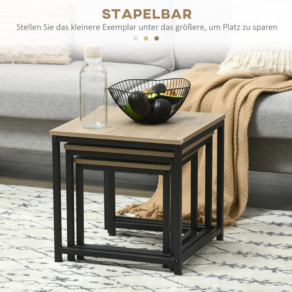 3er-Set Couchtisch Beistelltisch mit Stahlrahmen Schwarz-Natur