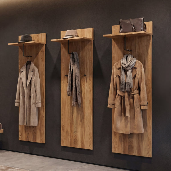 3er-Set Garderobenpaneel Wandgarderobe Massivholz Ablage Haken Eiche