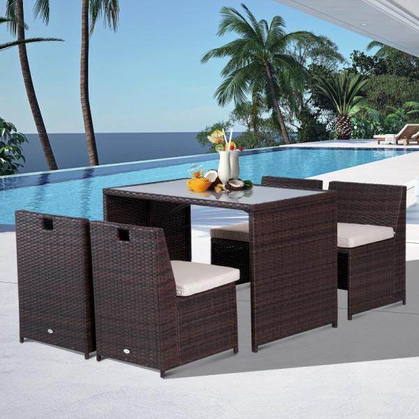 5tlg. Polyrattan Rattan Essgruppe Gartenset Sitzgruppe Sofa Garnitur Stahl Braun+Khaki