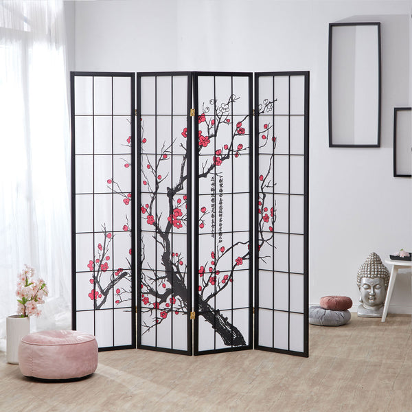 4-panel wooden room divider, black