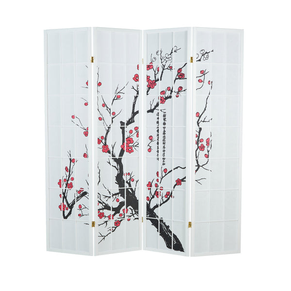 4-panel wooden room divider with cherry blossom design, white