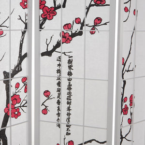 4-panel wooden room divider with cherry blossom design, white