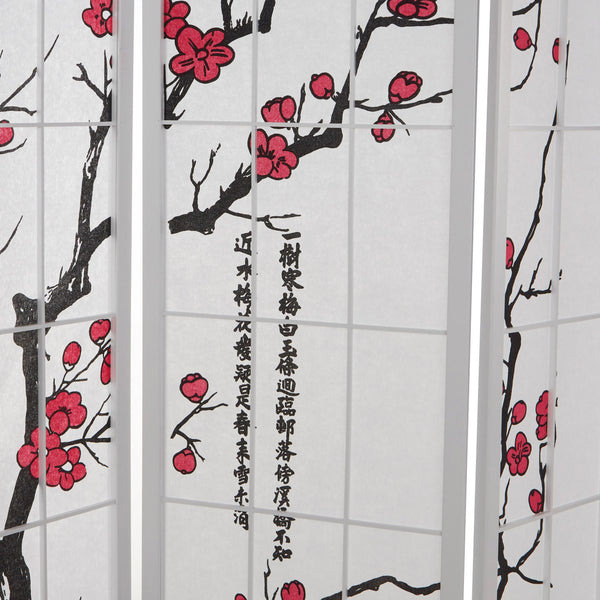 4-panel wooden room divider with cherry blossom design, white