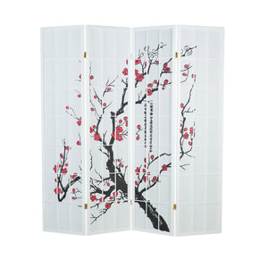 4-panel wooden room divider with cherry blossom design, white