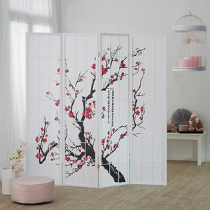 4-panel wooden room divider with cherry blossom design, white