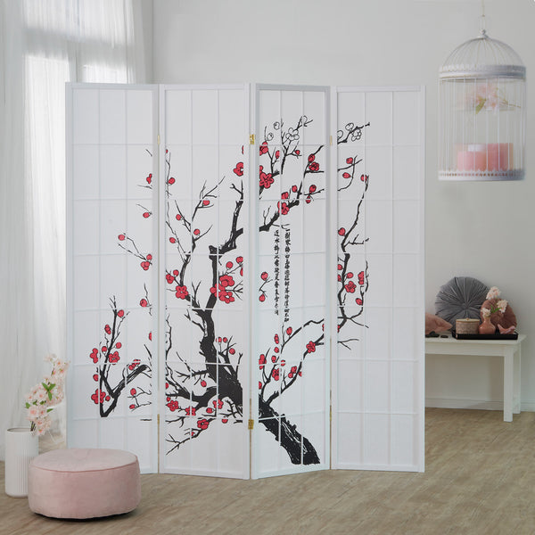 4-panel wooden room divider with cherry blossom design, white