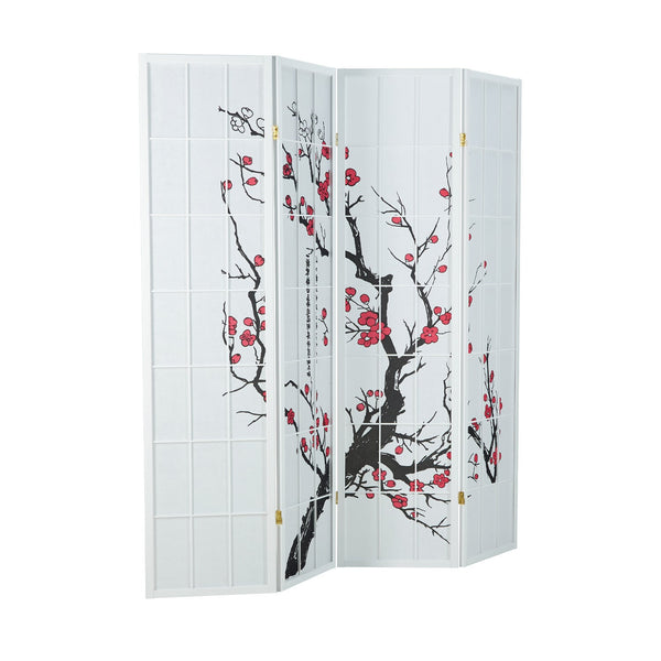 4-panel wooden room divider with cherry blossom design, white