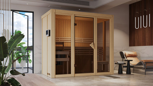 Sauna Irava 2 Systemsauna, Fronteinstieg, ohne Kranz mit bronzierter Tür und