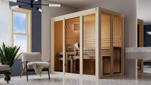 Sauna Irava 3 Systemsauna, Fronteinstieg, ohne Kranz mit bronzierter Tür und