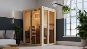 Sauna Irava 1 Systemsauna, Fronteinstieg, ohne Kranz mit bronzierter Tür und
