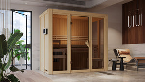 Sauna Irava 2 Systemsauna, Fronteinstieg, ohne Kranz mit bronzierter Tür und