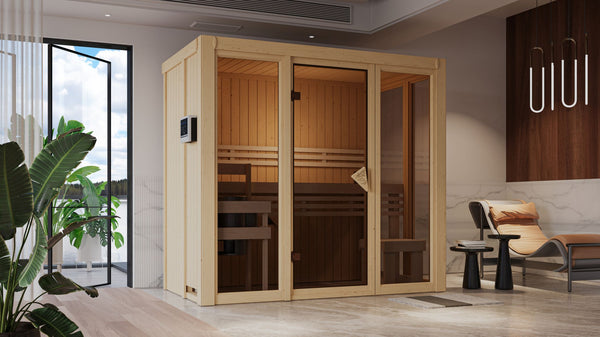 Sauna Irava 2 Systemsauna, Fronteinstieg, ohne Kranz mit bronzierter Tür und