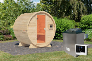 Fasssauna 1 Fasssauna, naturbelassen, 9 kW Ofen mit