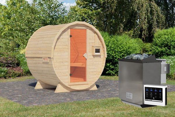 Fasssauna 1 Fasssauna, naturbelassen, 9 kW Ofen mit