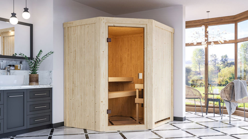 Sauna Faurin Systemsauna, Eckeinstieg, ohne Kranz mit bronzierter Tür