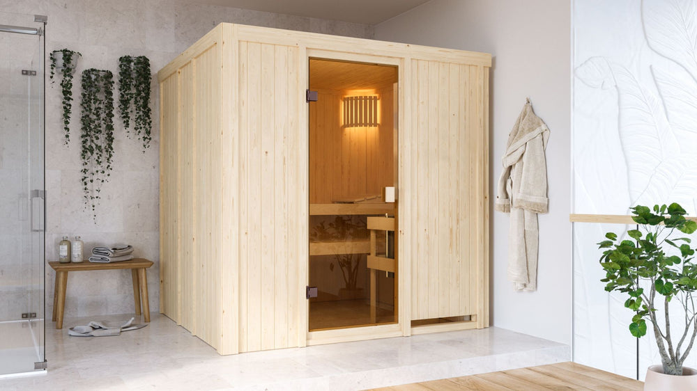 Sauna Tromsö Systemsauna, Fronteinstieg, ohne Kranz mit bronzierter Tür