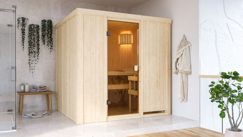 Sauna Tromsö Systemsauna, Fronteinstieg, ohne Kranz mit bronzierter Tür und