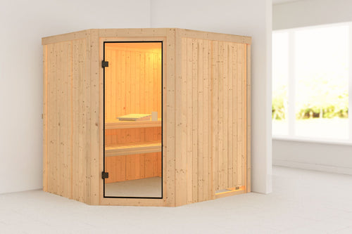 Sauna Bodo Systemsauna, Eckeinstieg, ohne Kranz mit bronzierter Tür und